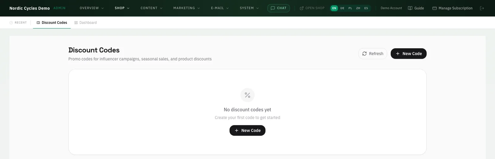 Discount codes with the rules you set — expiry, usage caps, product scope