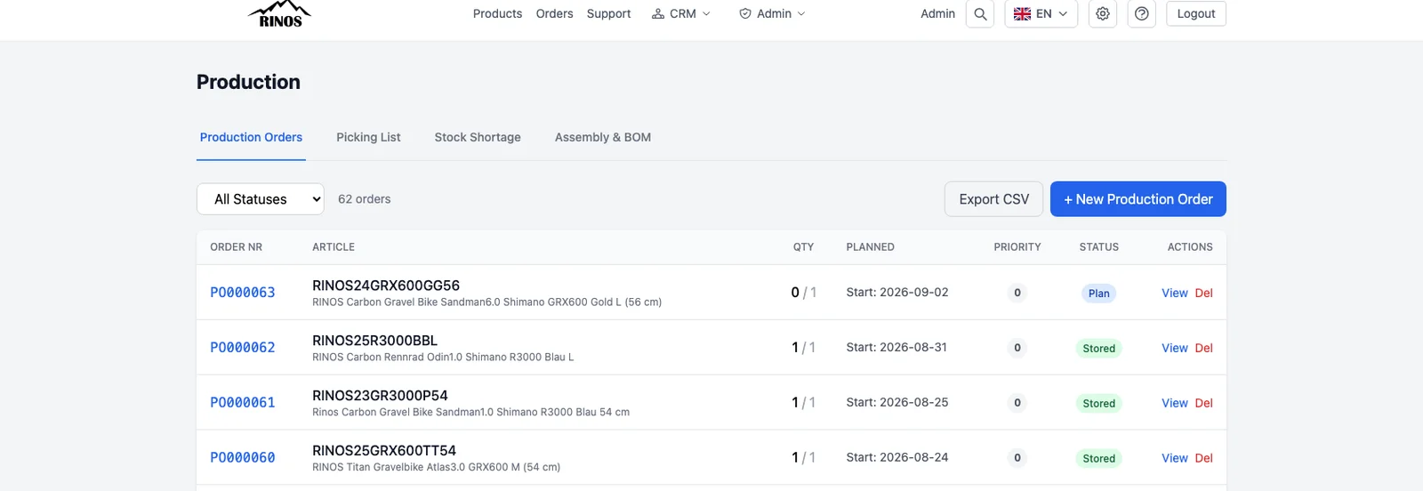 From components to finished bikes — production tracking in Vedron